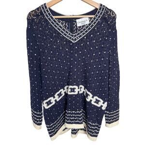 Vintage Christian A. New York Beaded Navy White Sweater *Dimensions in Picture*